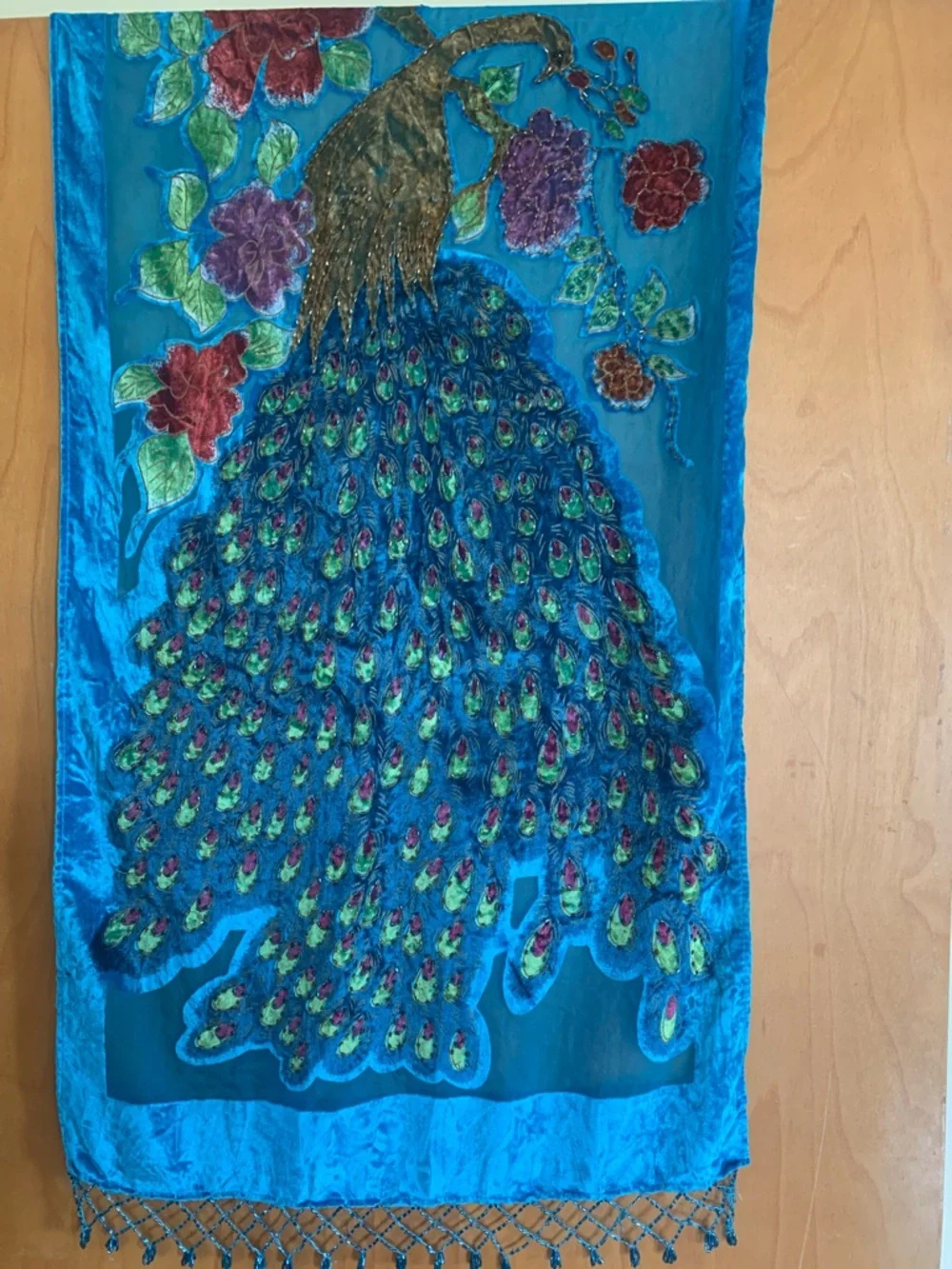 Hand Beaded Peacock Shawl Scarf - Picture 2 of 4